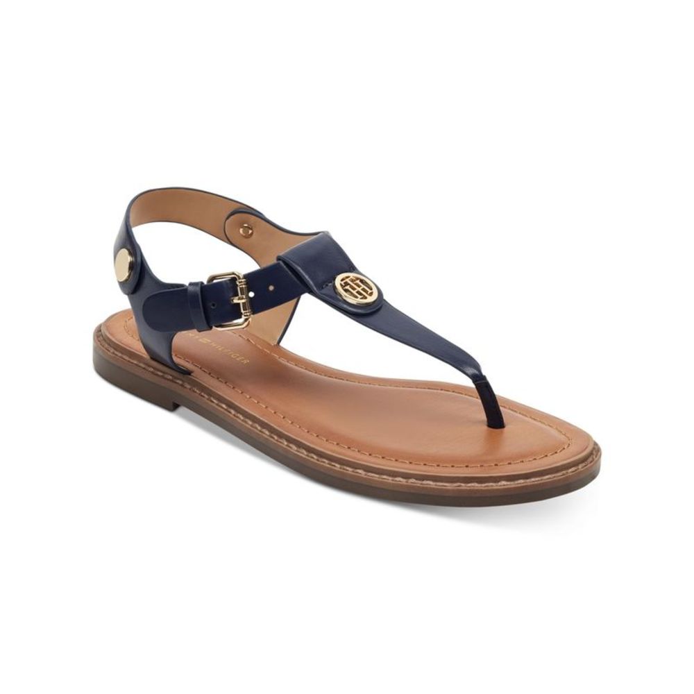 TOMMY HILFIGER Womens Navy Monogrammed Bennia Toe Block Heel Thong Sandals 10 M
